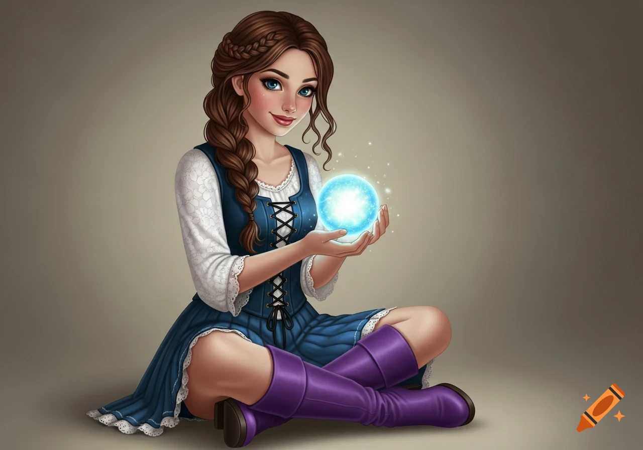 A cartoon-style young woman with braided brown hair sits cross-legged, holding a glowing blue magic orb. She wears a blue dress, white lace sleeves, and purple boots.