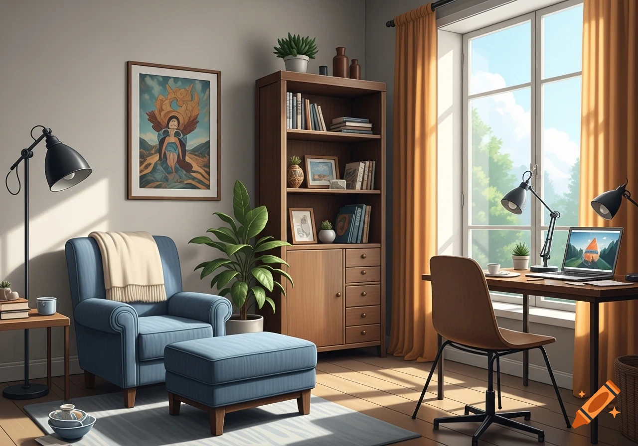 A cozy home office or living room with a blue armchair and ottoman, a wooden desk with a laptop, and a tall bookcase, all lit by a large window.