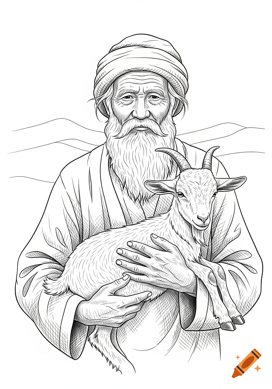 Line drawing of an old man with a long beard and turban holding a small goat, with mountains in the background.