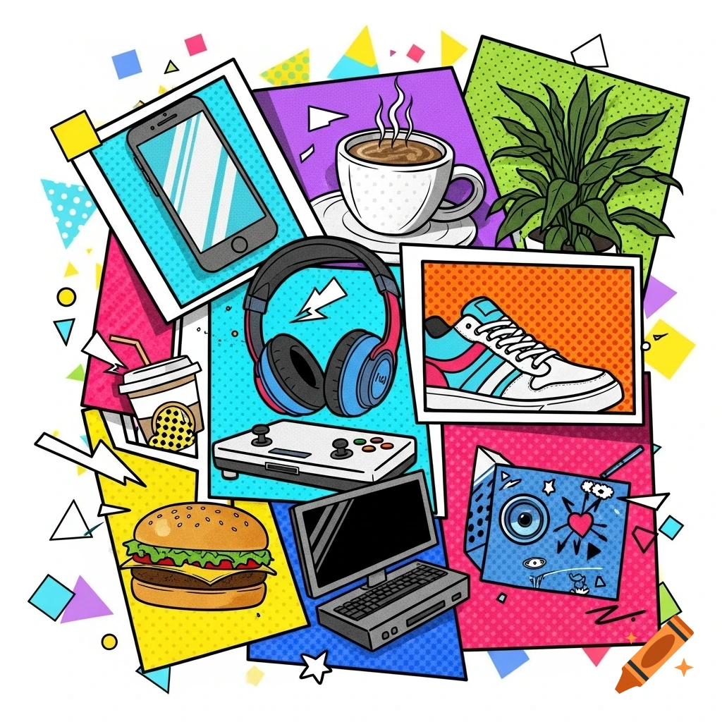 A vibrant pop-art collage featuring various everyday items like a smartphone, coffee, headphones, gaming console, hamburger, and sneakers, arranged on colorful overlapping panels.