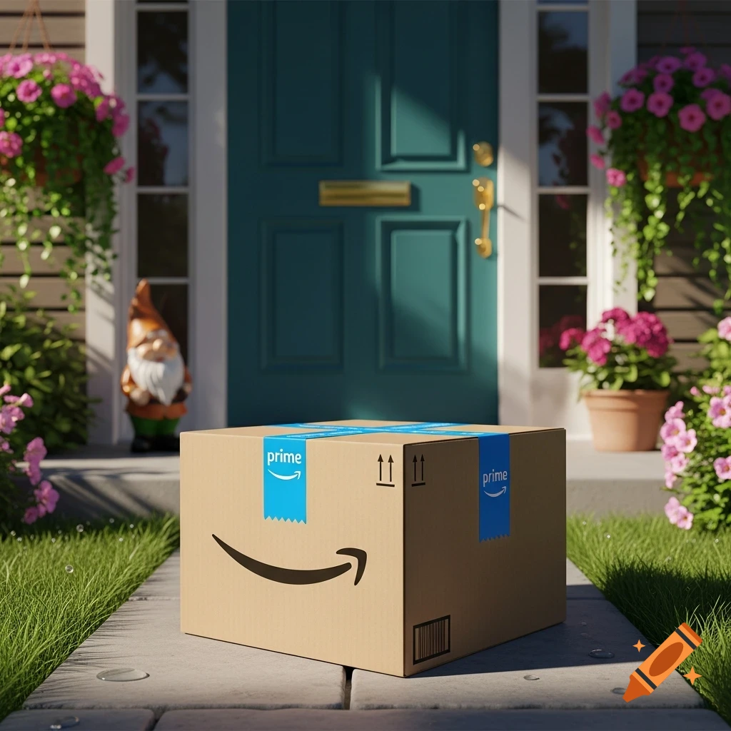 An Amazon Prime box sits on a concrete path in front of a house's teal front door, surrounded by green grass and pink flowers.