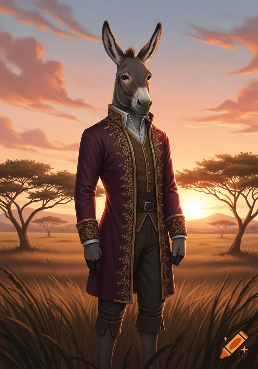 An anthropomorphic donkey man in a detailed purple and gold coat stands in a golden savanna at sunset.