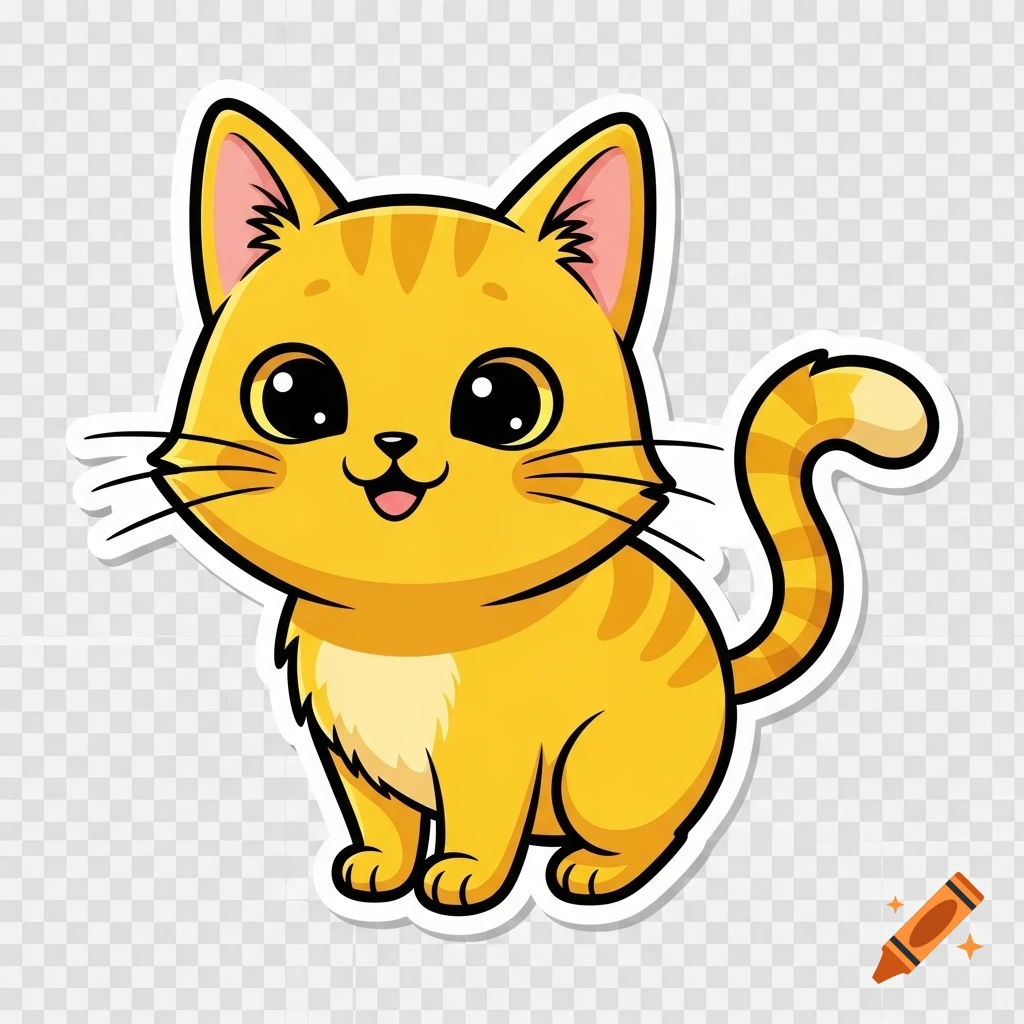A cute yellow cartoon cat sticker with a happy expression and a white outline, on a transparent background.