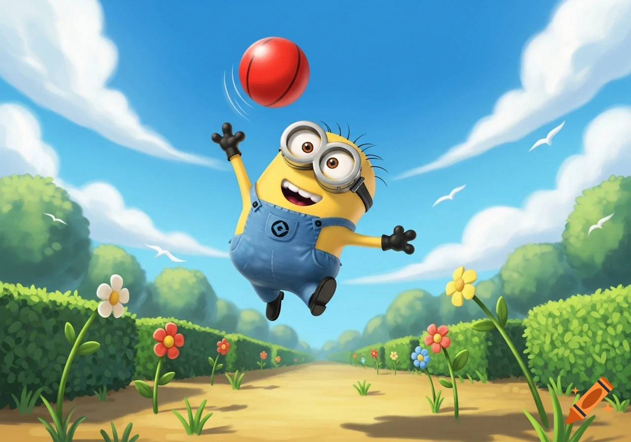 A happy cartoon Minion jumps to catch a red ball in a sunny, flowery park.