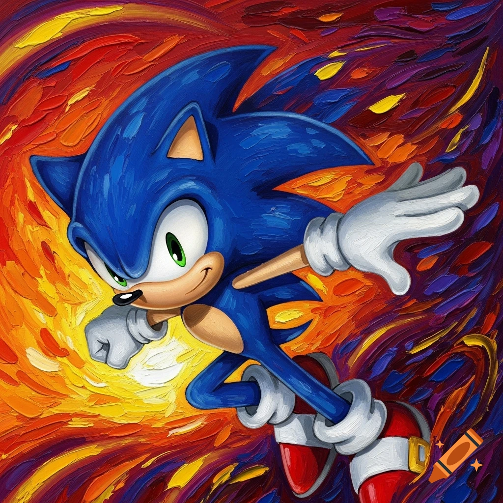 Oil painting of Sonic the Hedgehog running, surrounded by vibrant, fiery brushstrokes.