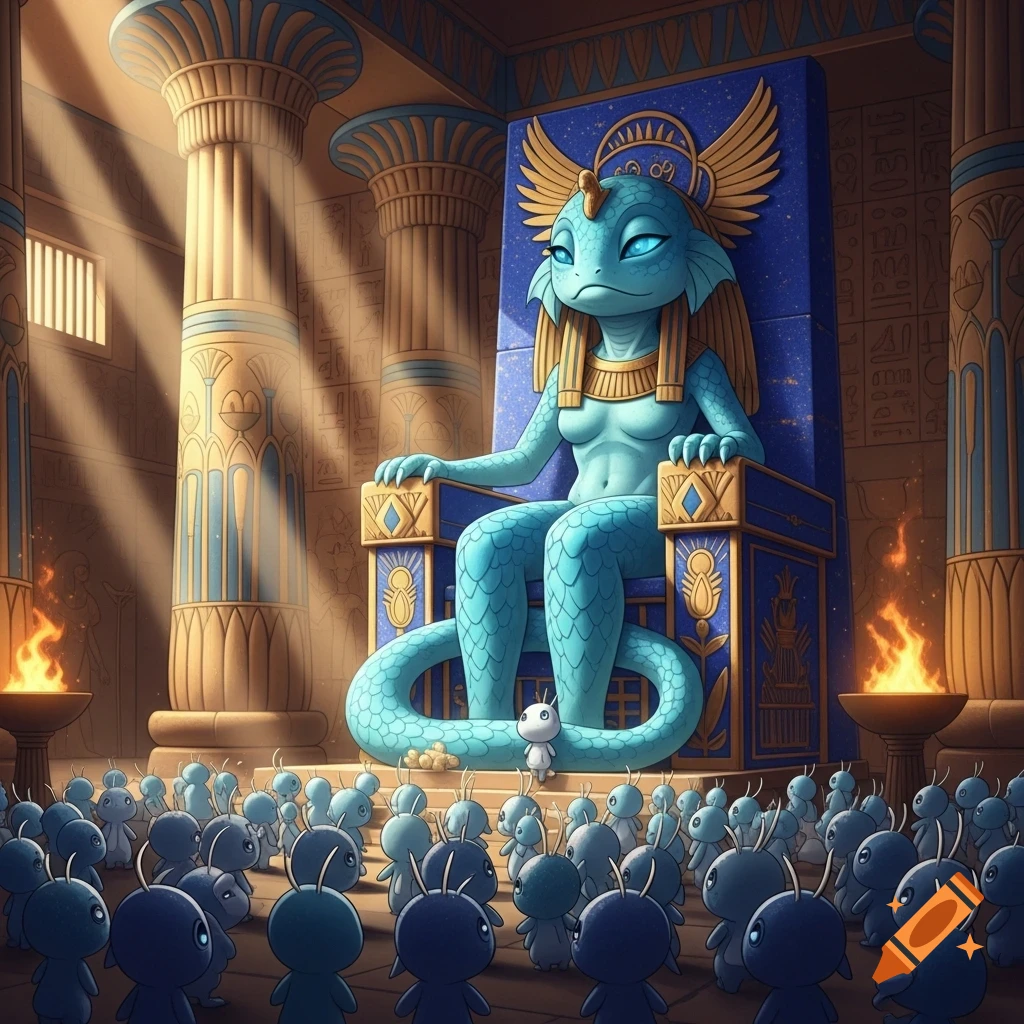 A giant blue Sobble goddess sits on a throne in an ornate Egyptian temple, surrounded by many smaller blue creatures praying.