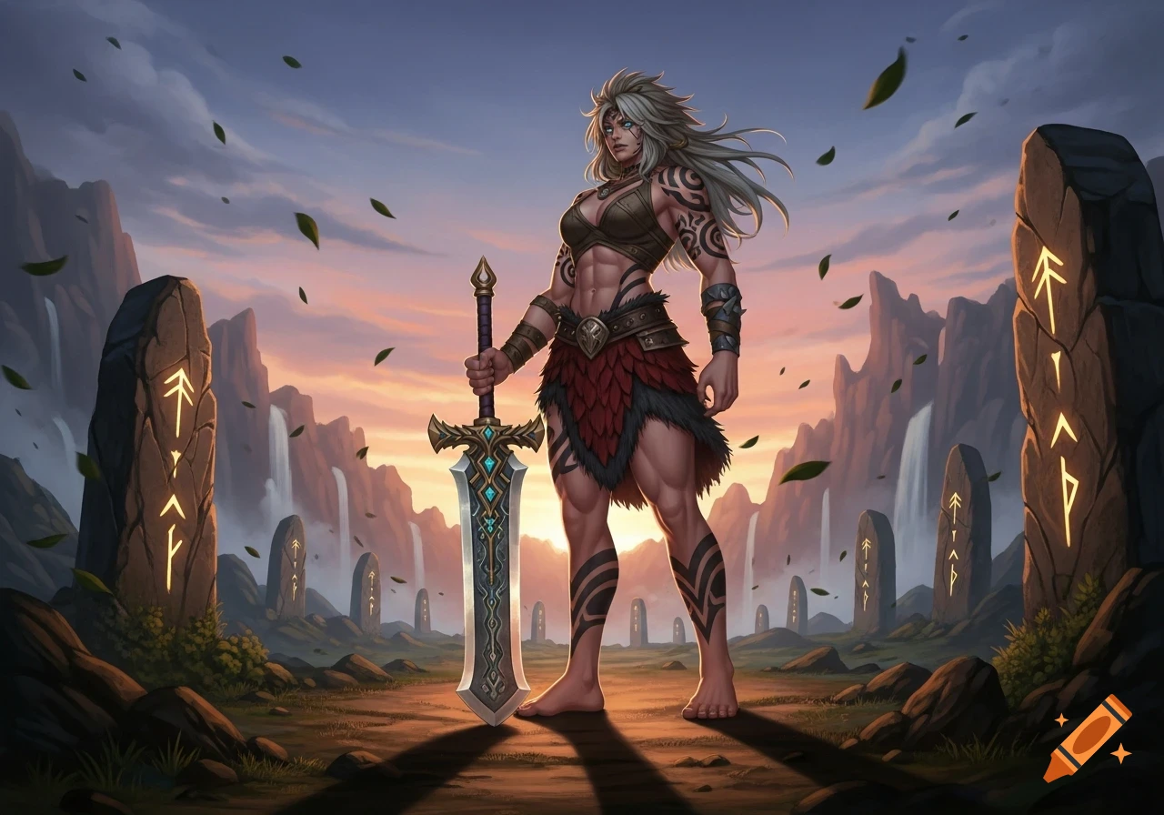 Muscular female barbarian with white hair and tattoos holds a large sword among glowing rune stones and waterfalls at sunset, illustration.