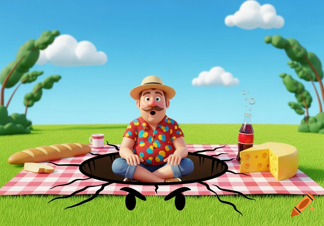 A surprised cartoon man in a hat and colorful shirt sits cross-legged on a picnic blanket, half-submerged in a black hole in the ground, next to a baguette, cheese, and soda.