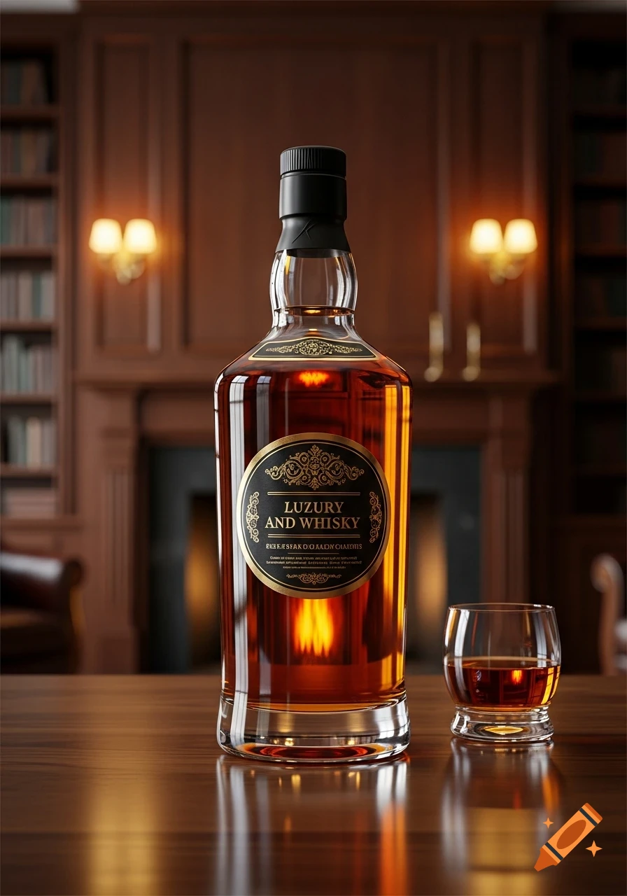 A photorealistic image of a whiskey bottle and a glass filled with amber liquid on a wooden table, in a luxurious room with a fireplace and bookshelves.