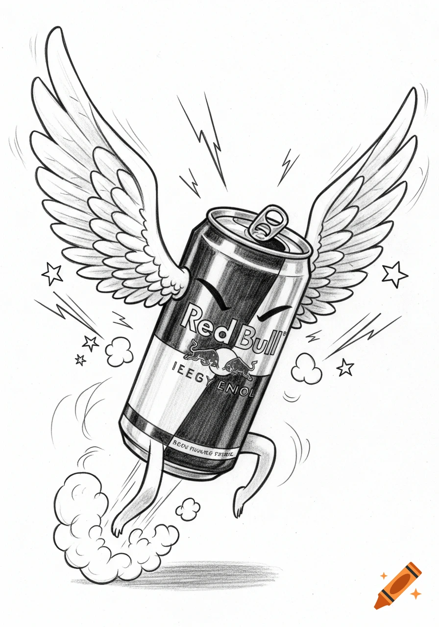 Black and white sketch of a winged Red Bull can with legs, flying with a trail of smoke and stars.