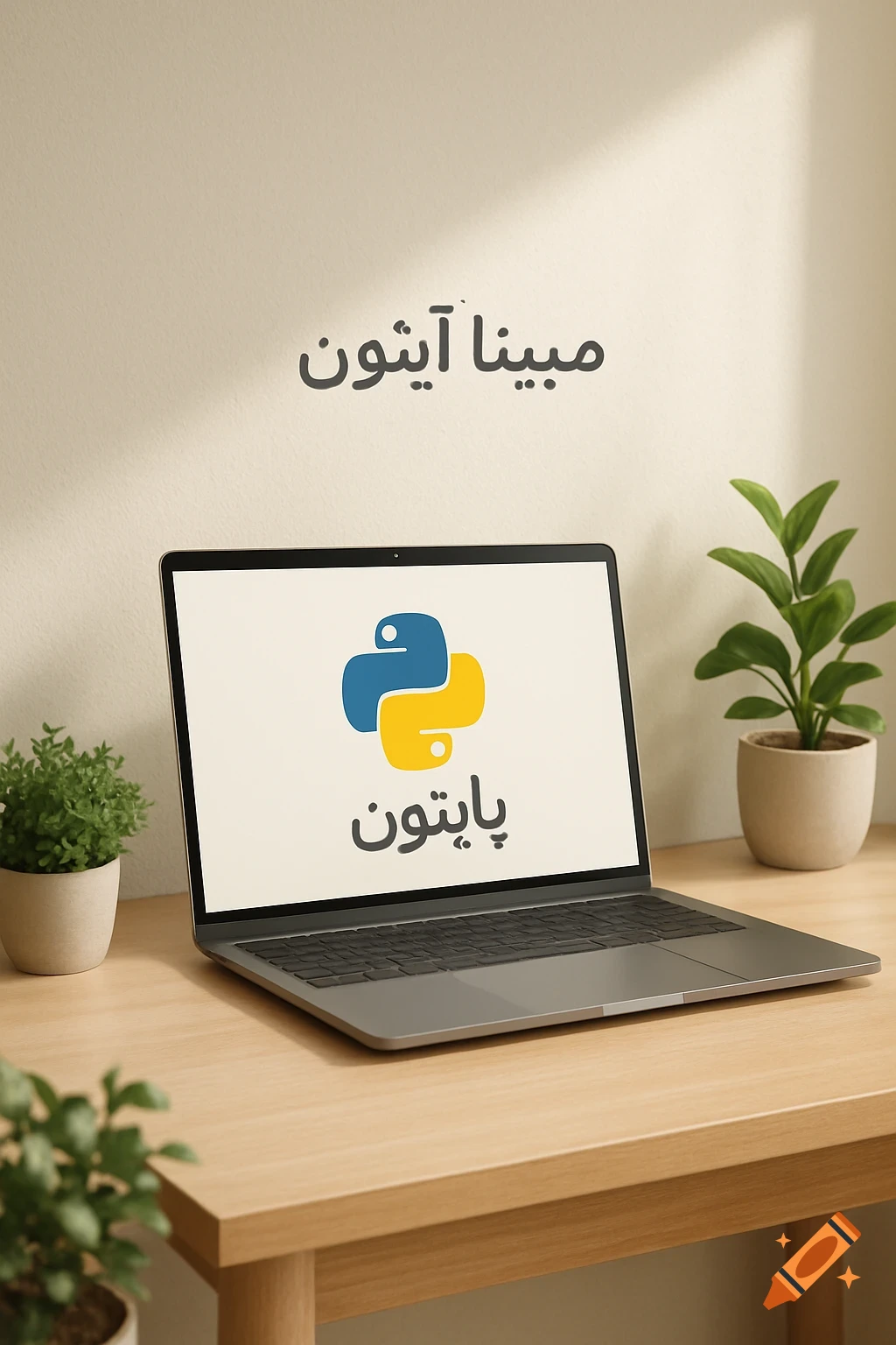 A laptop on a wooden desk displays the Python logo and 'Python' text, surrounded by potted plants, with 'Mobina Aitoon' text on the light-colored wall, under soft sunlight.