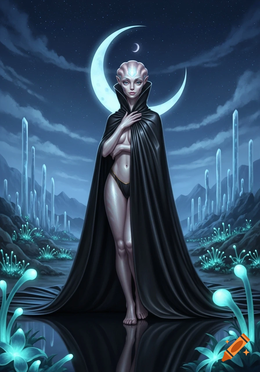 An alien woman with pale skin and large eyes stands in a black cape and bikini in a glowing alien landscape under a crescent moon.