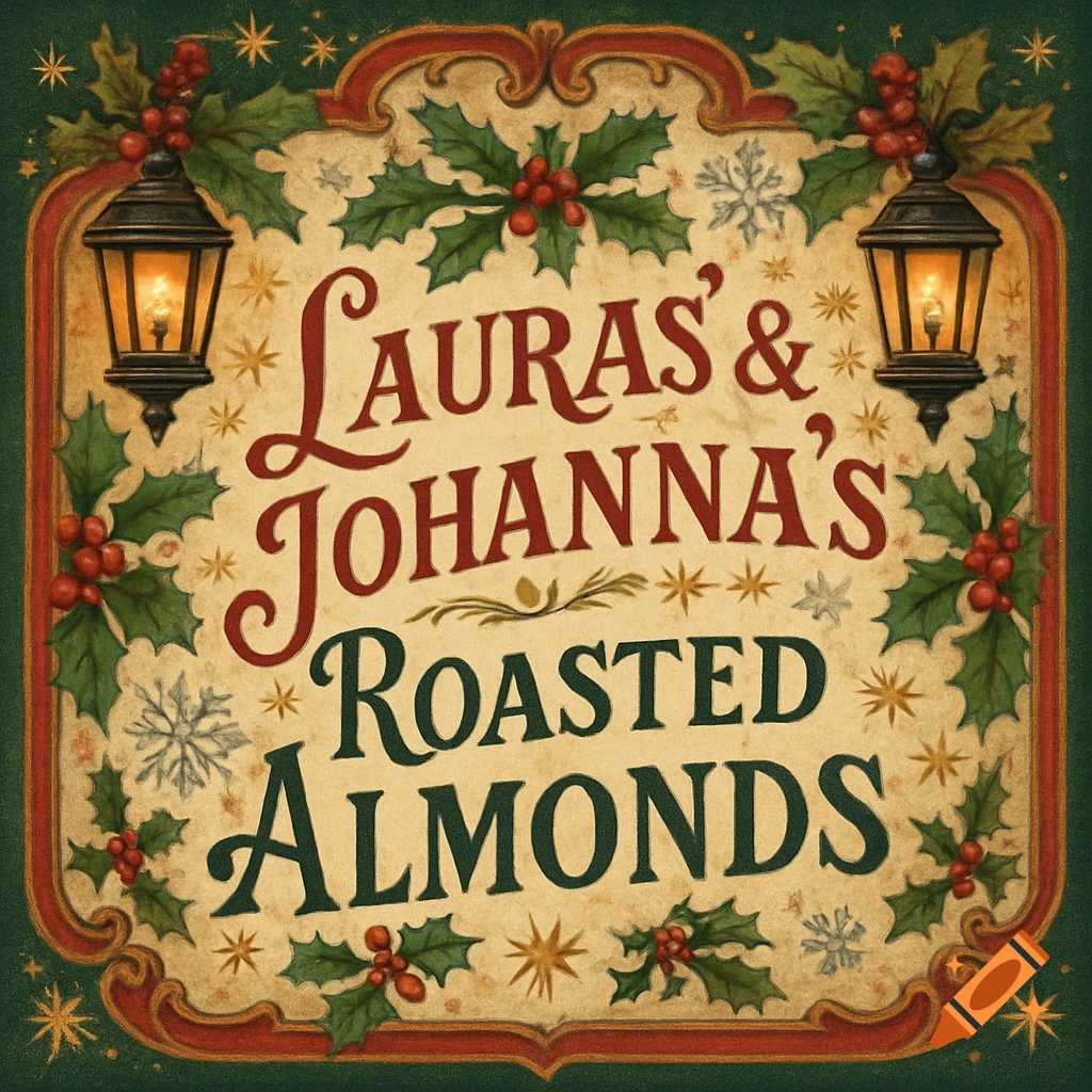A vintage Christmas label with ornate borders, holly, and lanterns, featuring the text 'Lauras & Johannas Roasted Almonds'.