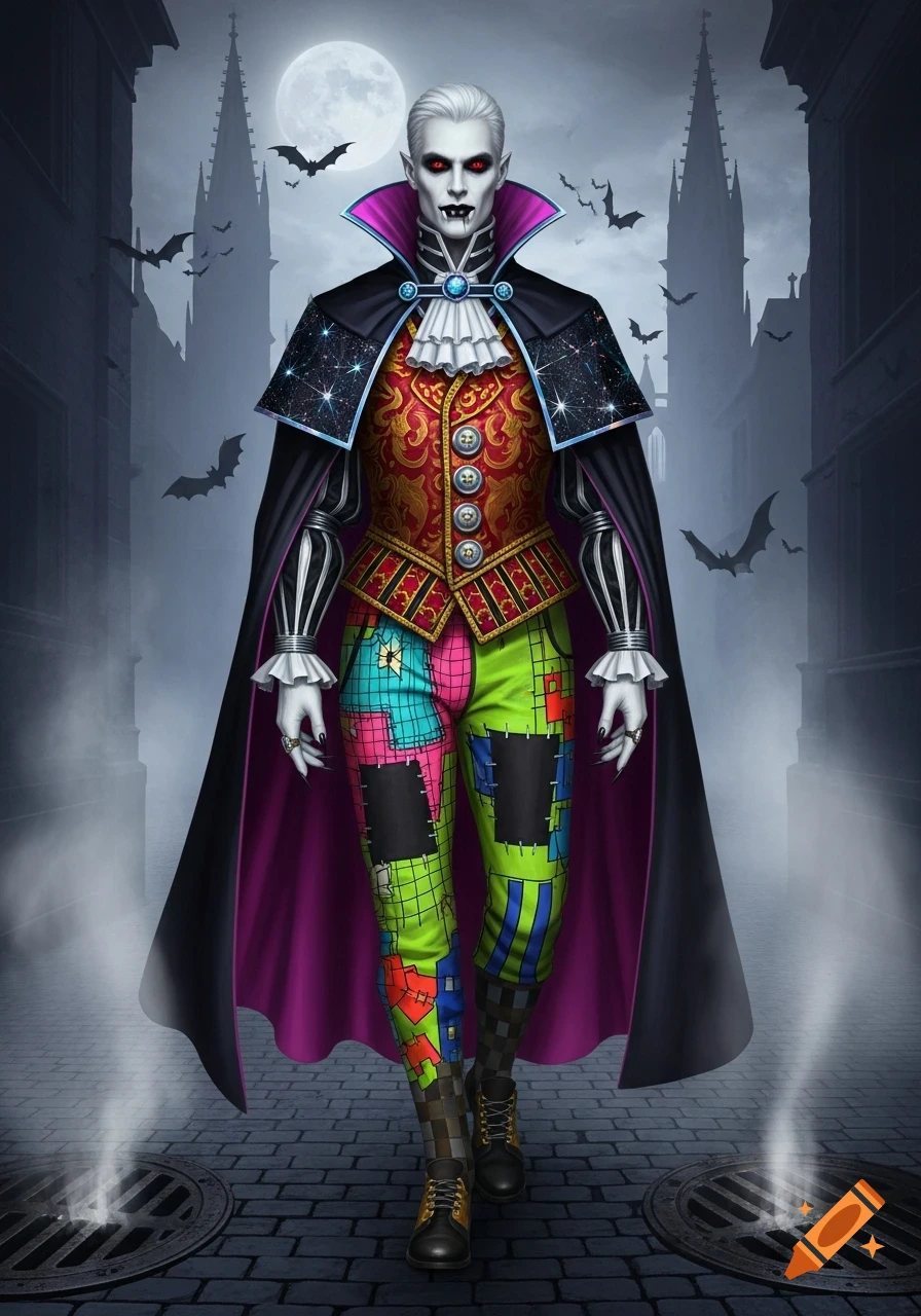 A pale vampire in a flamboyant, patched costume, standing on a cobblestone street under a full moon with gothic buildings and bats.