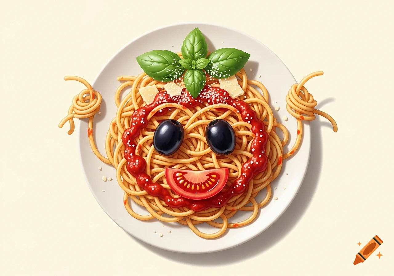 A smiling face made from spaghetti with tomato sauce, black olive eyes, a tomato slice mouth, and basil leaves on a white plate.