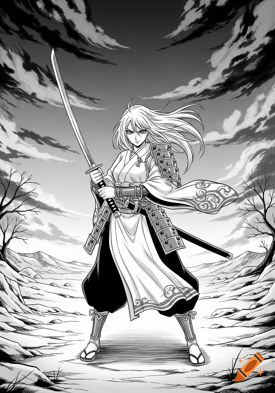 A black and white manga-style girl with long hair, wearing traditional samurai attire and armor, stands holding a katana in a desolate, cloudy landscape.