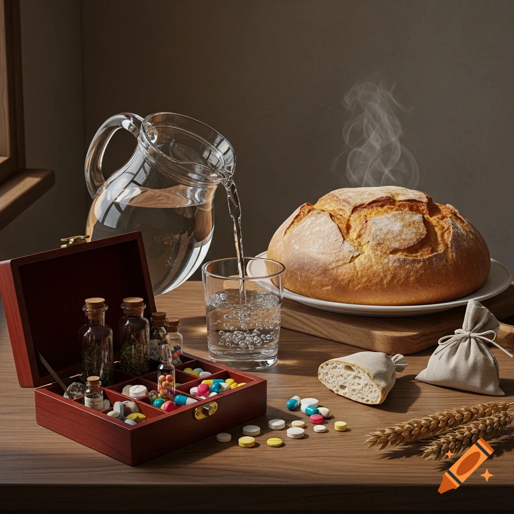 Photorealistic still life featuring a steaming loaf of bread, water pouring into a glass, and an open wooden box of pills on a table.