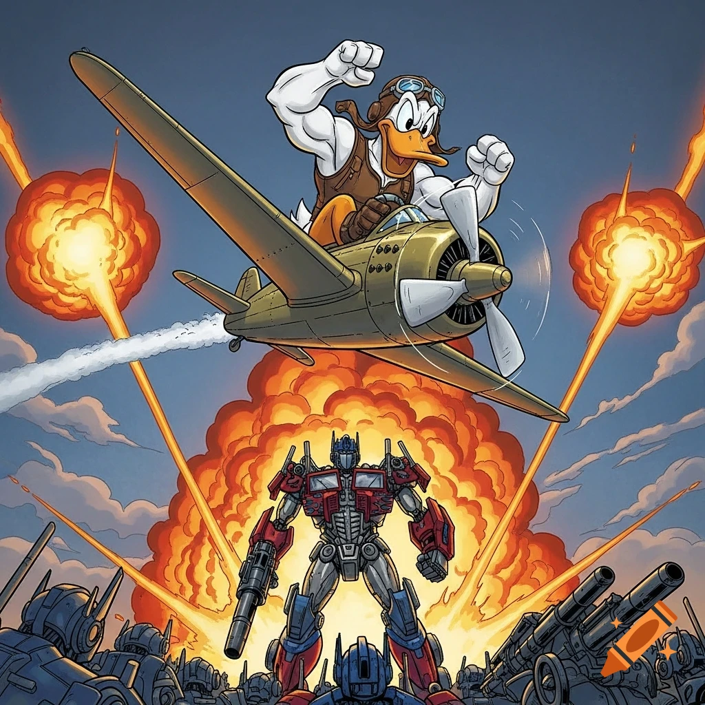 Donald Duck in a pilot's outfit flies an airplane over Optimus Prime and other robots amidst explosions in a comic book style.