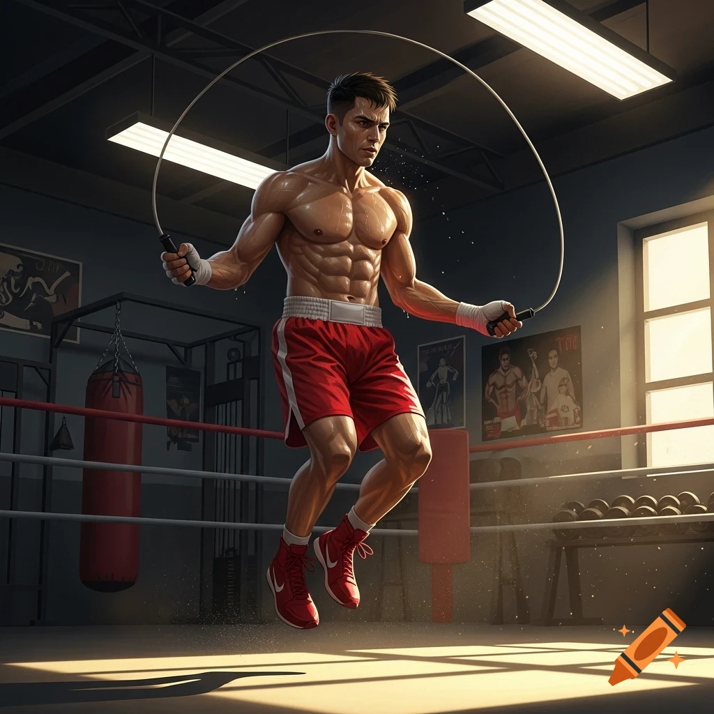 A muscular, shirtless boxer in red shorts and shoes jumps rope inside a boxing ring in a gym.
