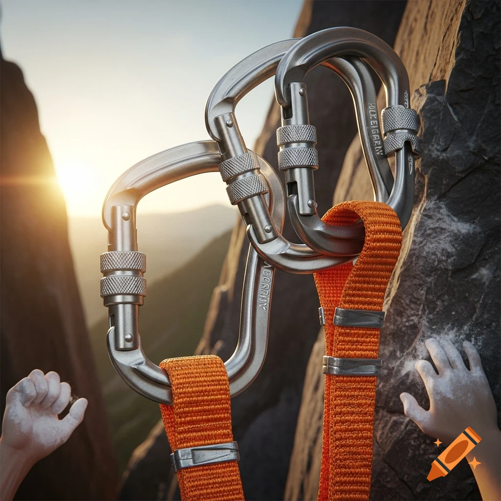 Close-up, photorealistic shot of three silver climbing carabiners clipped to an orange strap, with chalky hands and a mountain sunset in the background.