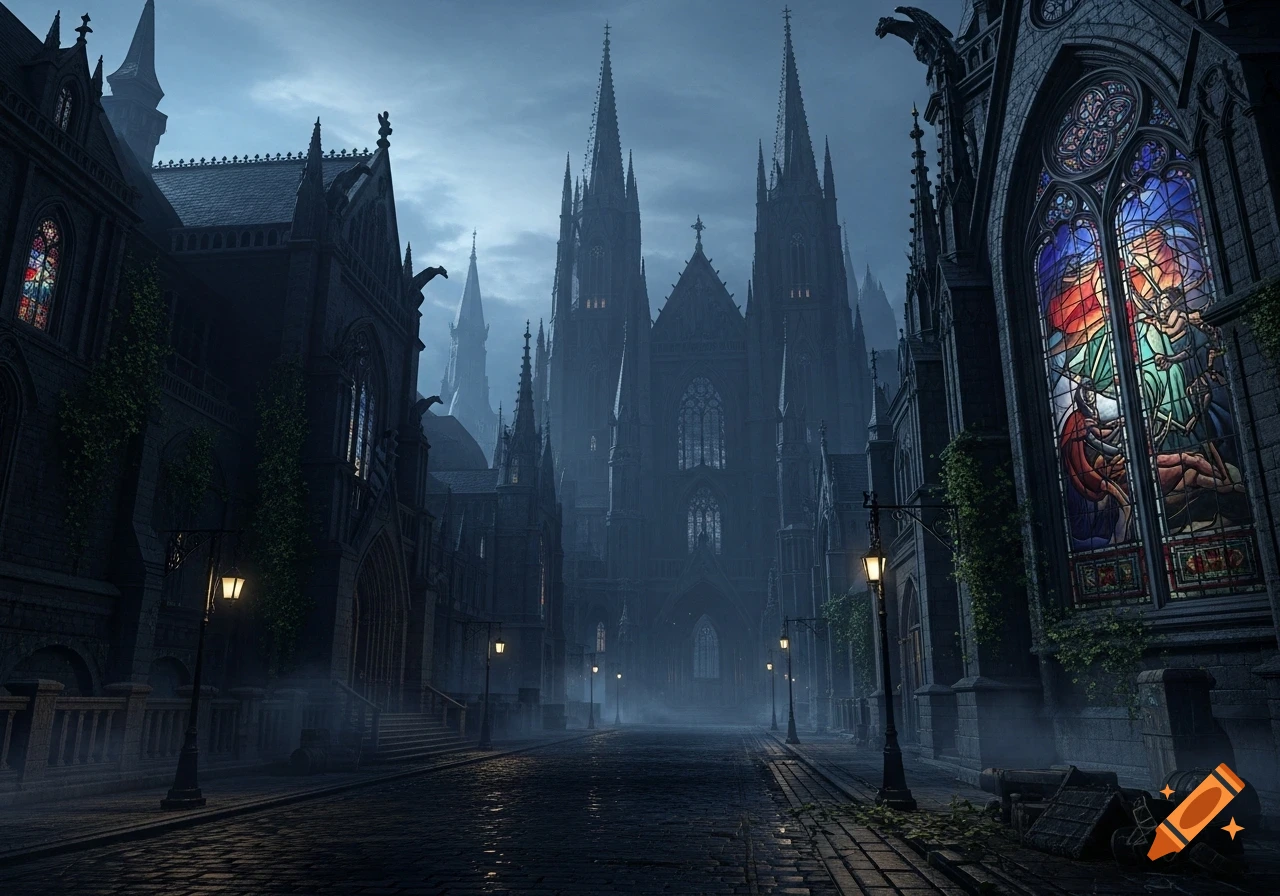 A dark, atmospheric gothic city street at night, with intricate cathedrals, stained glass windows, and illuminated streetlights in the fog.