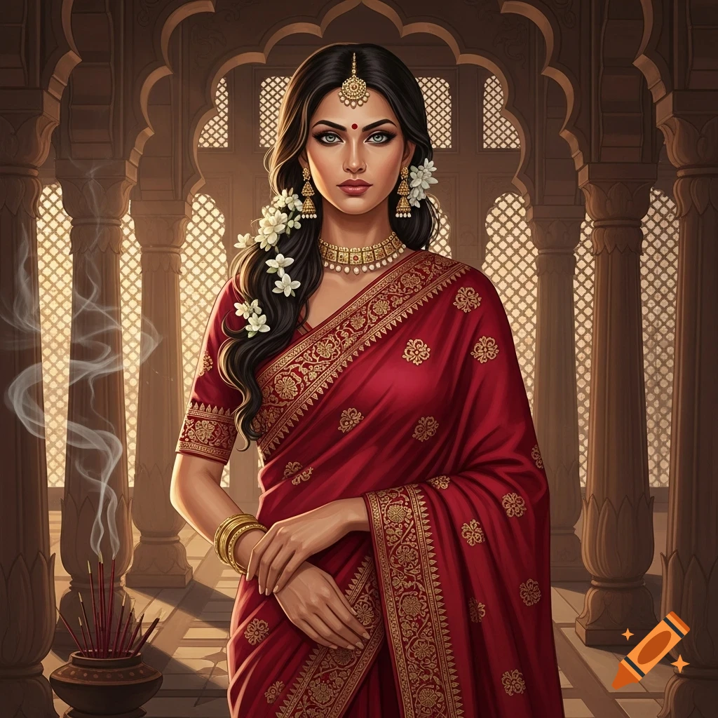 An elegant Indian woman in a red and gold sari, adorned with jewelry and flowers, stands in an ornate arched hallway with burning incense.