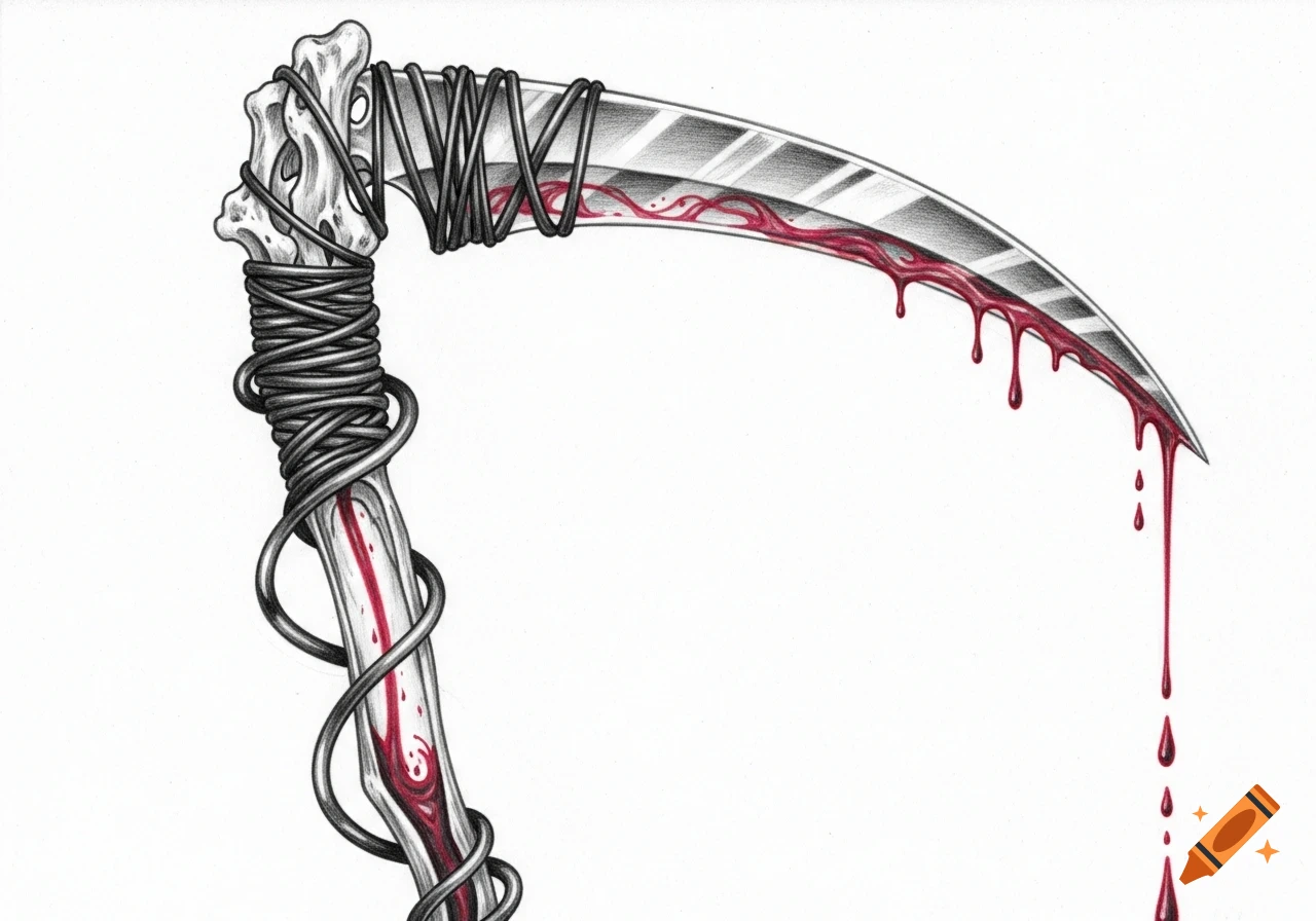 A pencil drawing of a scythe with a bone handle wrapped in wire, its blade and handle dripping with blood.