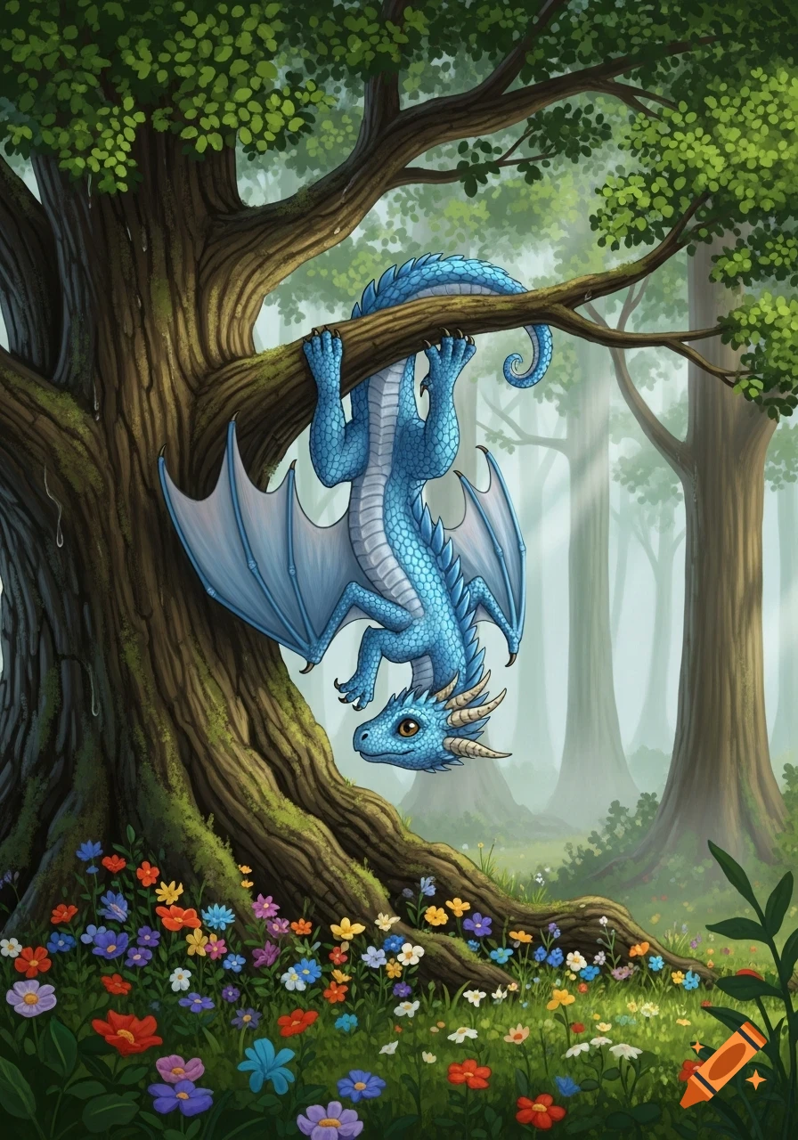 A cute blue baby dragon hangs upside down from a tree branch in a lush forest clearing filled with colorful wildflowers, in an illustration style.