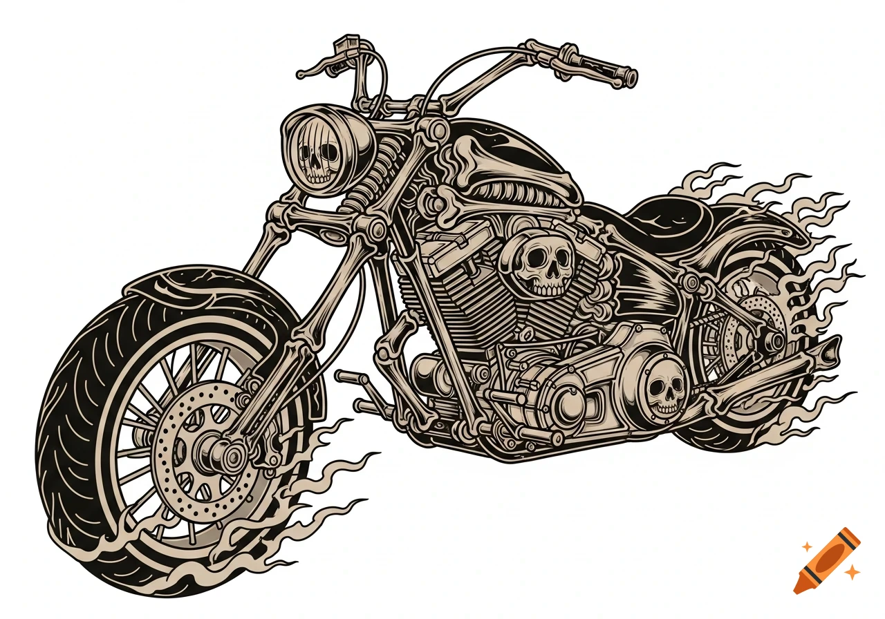 Tattoo style drawing of a motorcycle skeleton with flames and skulls.