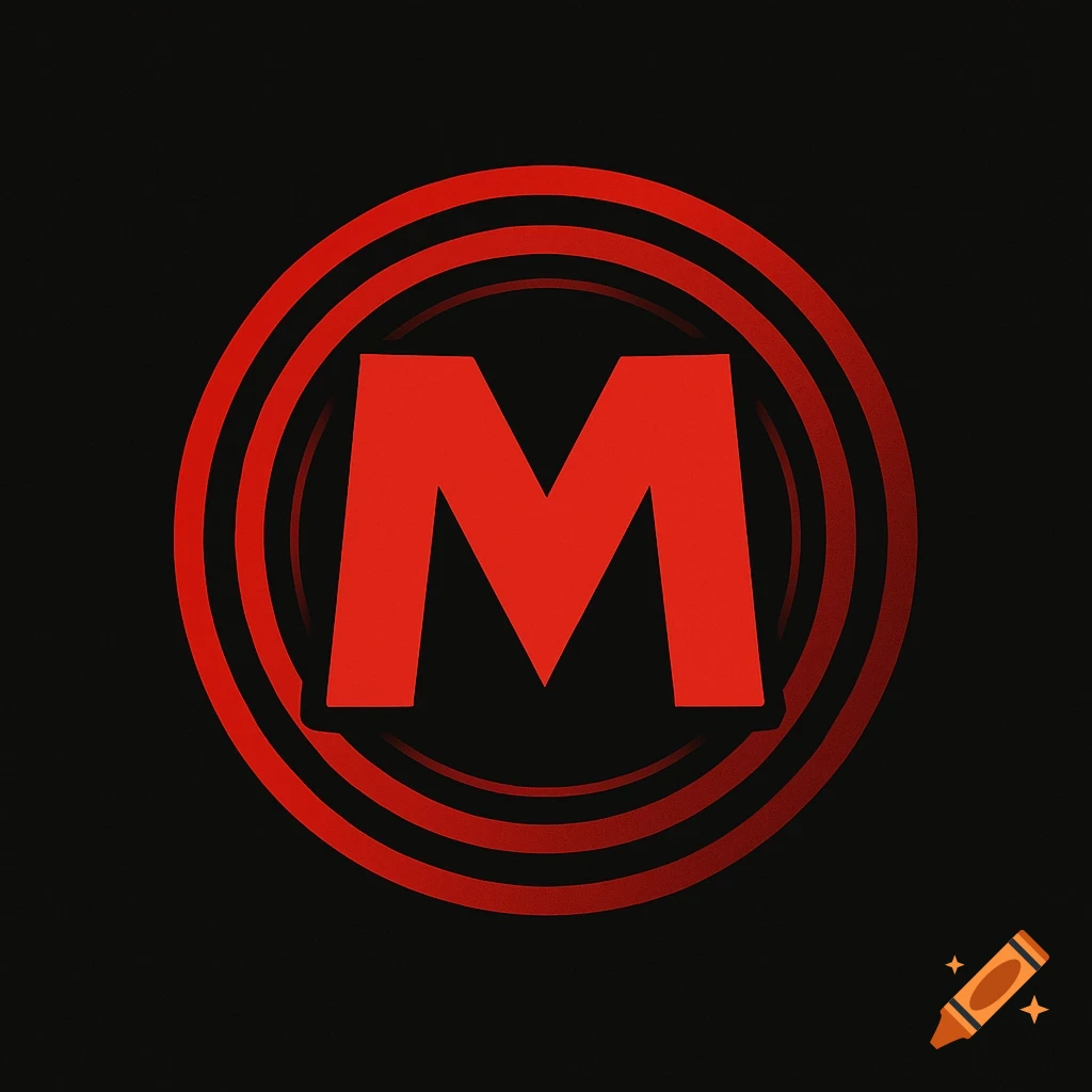 A bold red letter M centered within several concentric red circles on a dark black background.