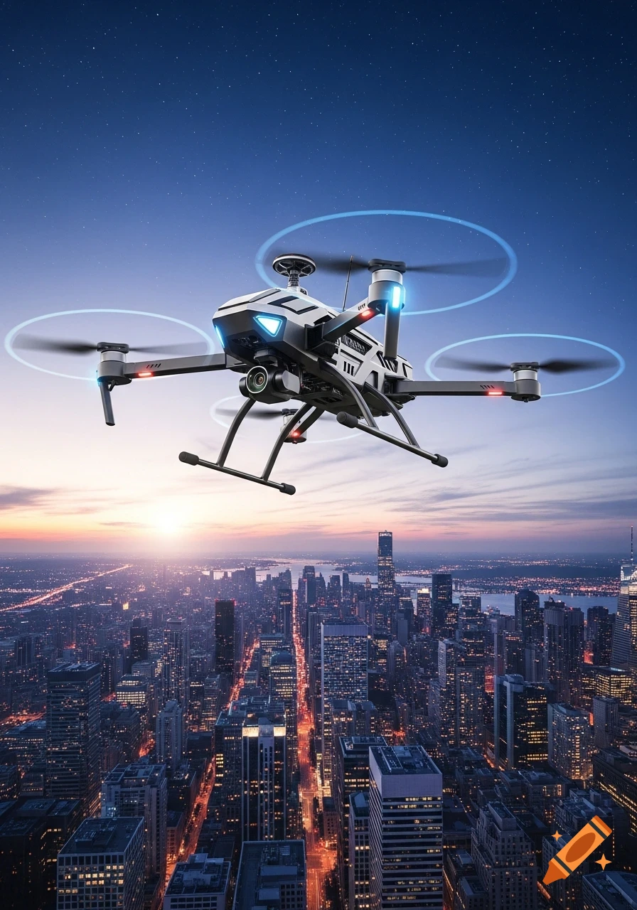 A futuristic drone with glowing blue lights flies high above a sprawling city skyline illuminated at sunset.