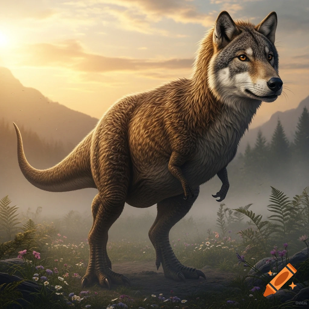 A photorealistic T. Rex with a wolf's head and fur stands in a misty mountain landscape at sunset with wildflowers.