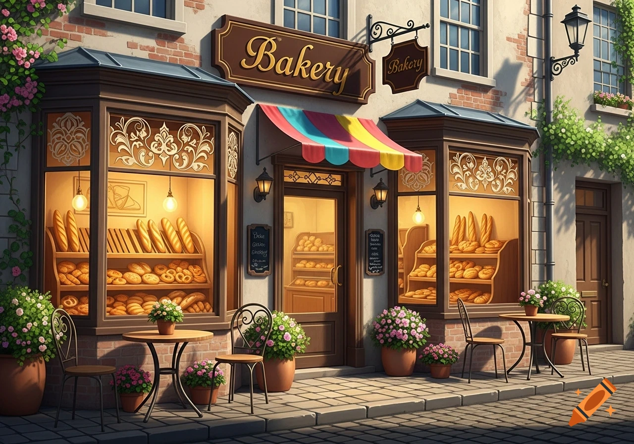 A charming, cartoonish bakery building with a striped awning, loaves of bread in the windows, and outdoor tables with flowers.