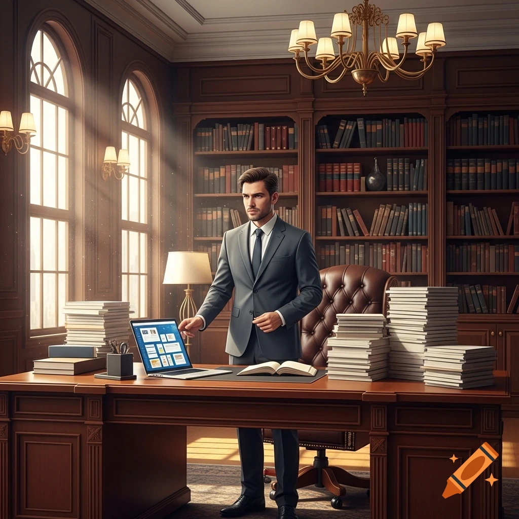 Photorealistic man in a suit by a large desk with a laptop and books in a grand office with bookshelves and windows.