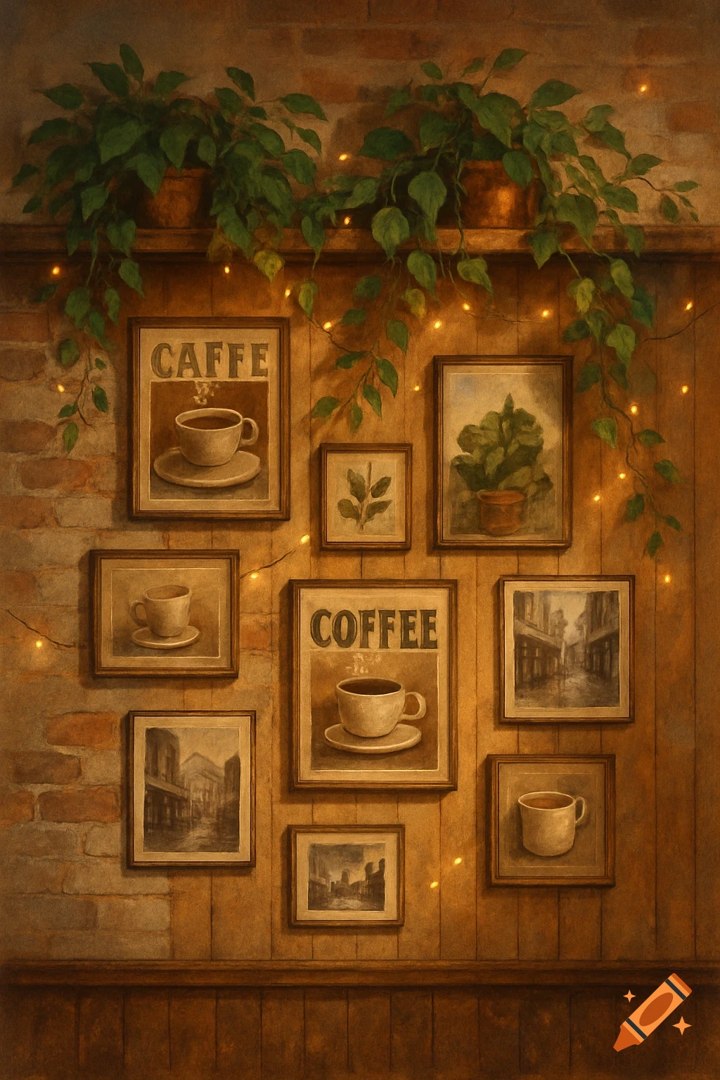 A warm-toned, painterly image of a cafe wall decorated with framed art of coffee cups and street scenes, lush plants, and twinkling string lights.