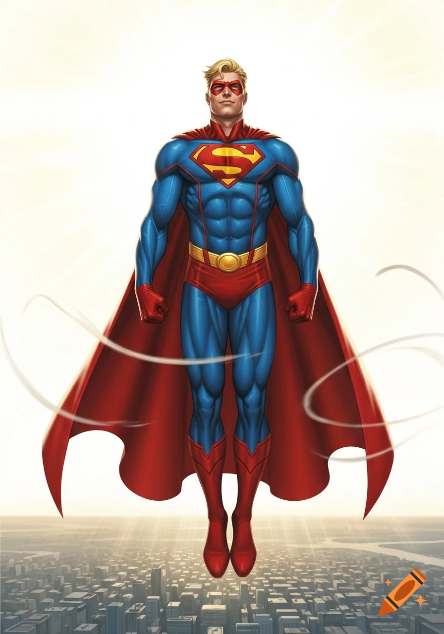 A blonde superhero in a blue suit with a red cape and 'S' symbol flies above a city in a comic book art style.