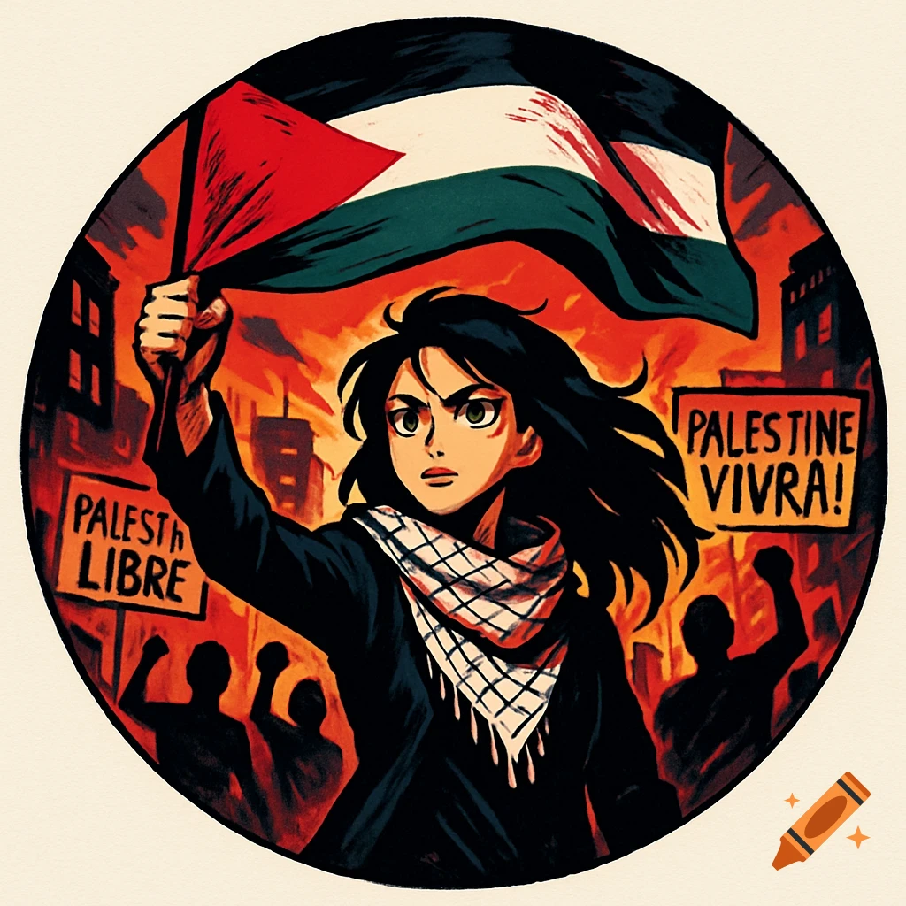 An anime-style image of a woman in a kaffiyeh raising a Palestinian flag amidst a protest with signs that read "Palestine Vivra!"