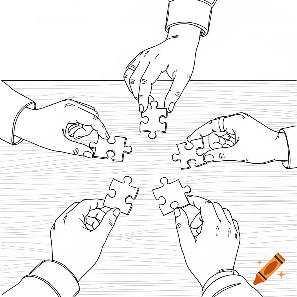 Line drawing of five hands on a wooden table, each holding a puzzle piece.