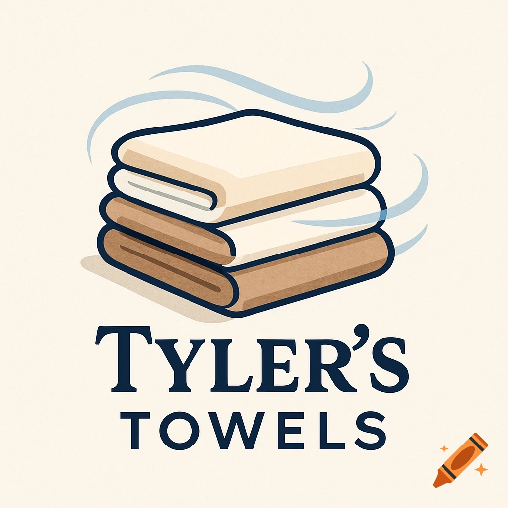Illustration of a stack of cream and brown folded towels with blue wavy lines, and the text "TYLER'S TOWELS" below.