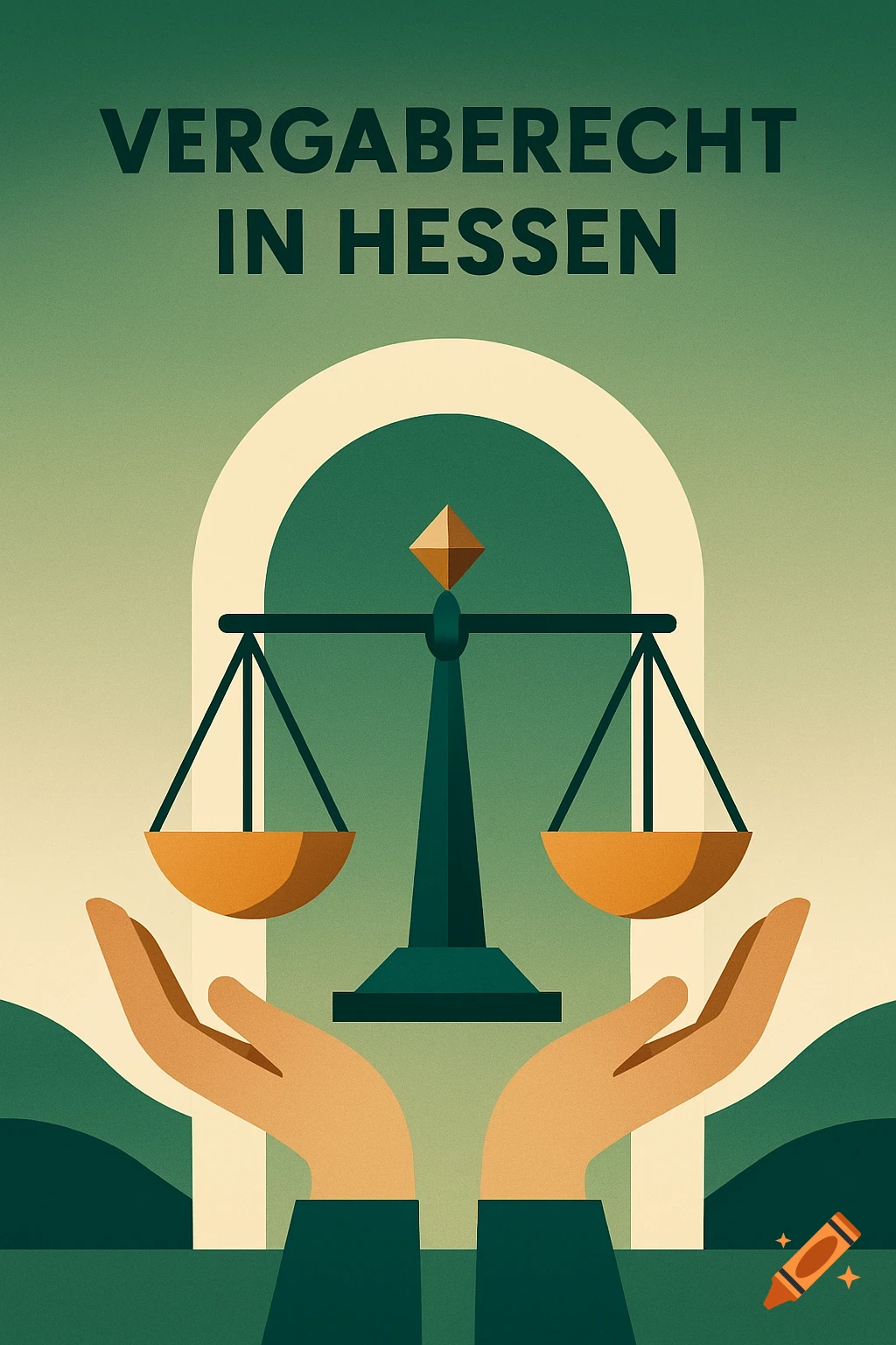Stylized illustration of a scale of justice held by two hands with the text 'VERGABERECHT IN HESSEN' above, in shades of green and orange.