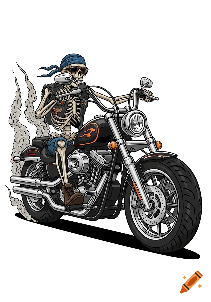 A tattoo-style drawing of a skeleton wearing a bandana and sunglasses, riding a black motorcycle with smoke from the exhaust.