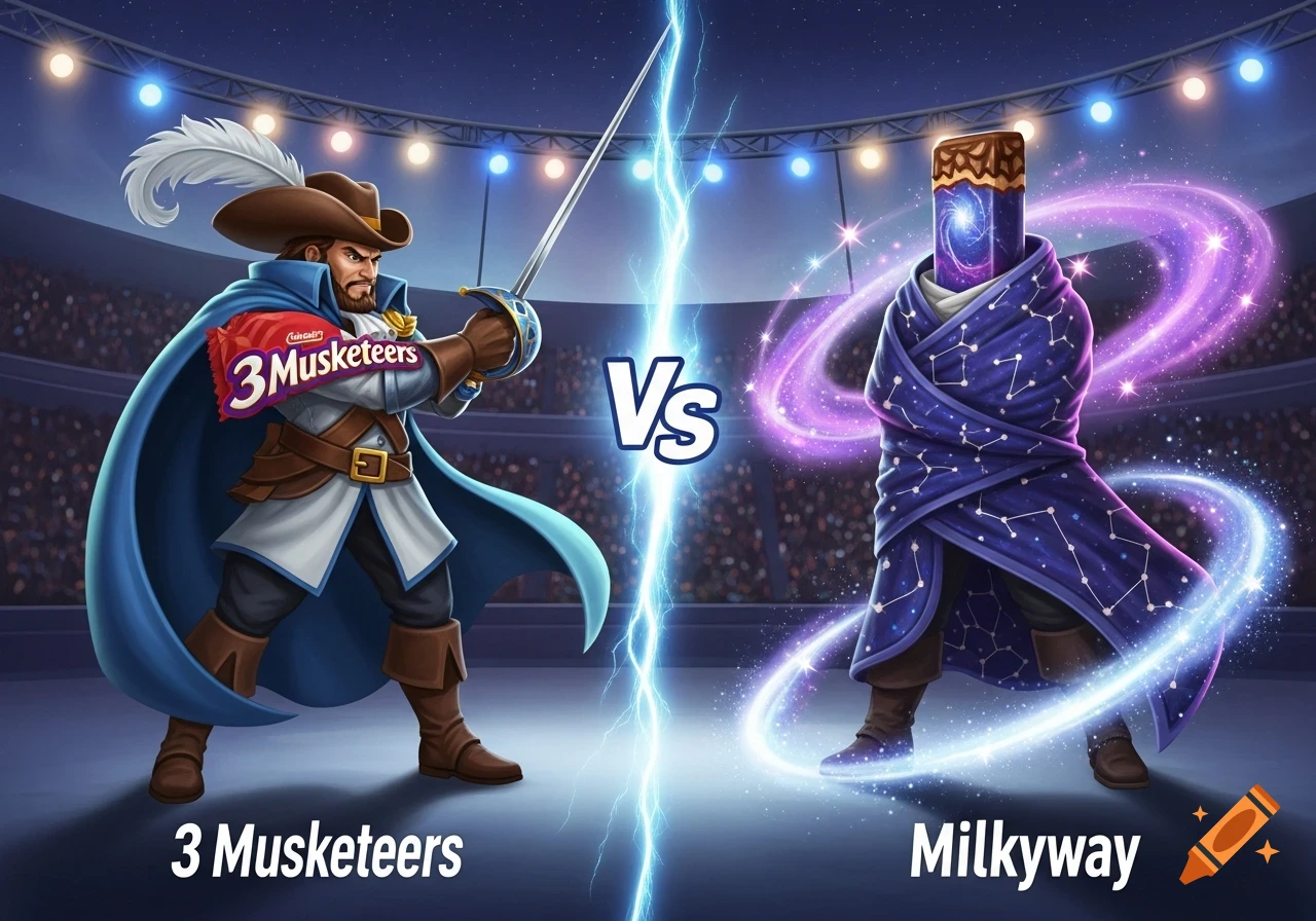 A cartoon-style poster showing a Musketeer representing 3 Musketeers candy bar battling a cosmic-robed Milkyway candy bar in an arena.