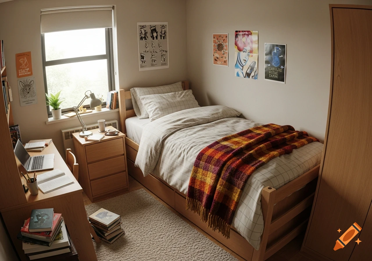 A neat college dorm room with a wooden bed, beige plaid duvet, and a burgundy and burnt orange quilt. A desk and bookshelf are on the left.