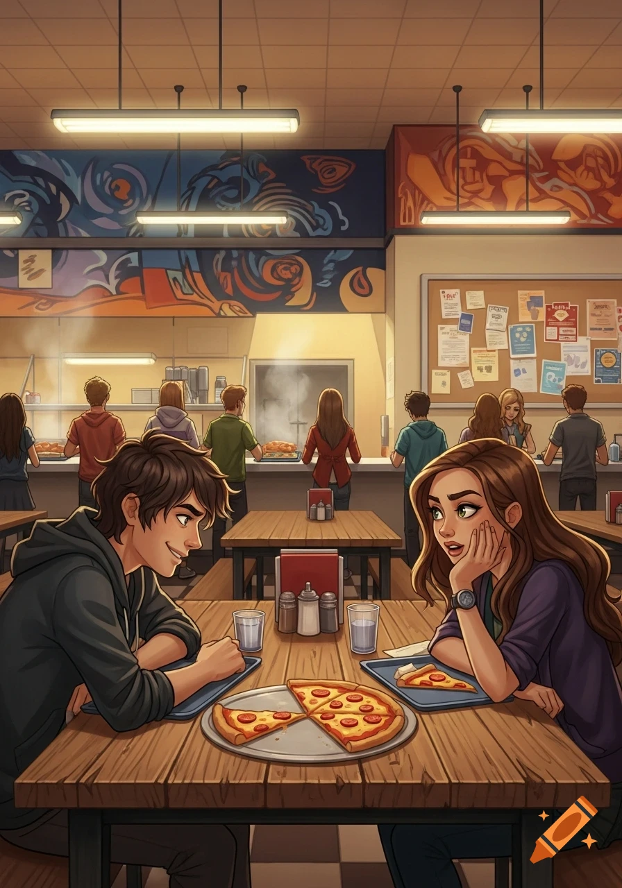 Anime-style illustration of two students eating pizza and talking in a busy cafeteria.