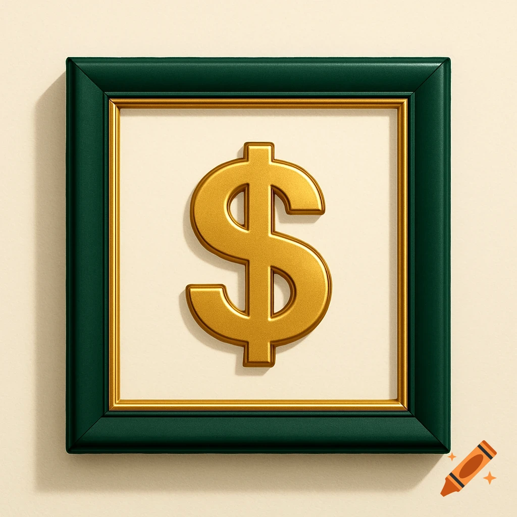 A golden dollar sign in a green and gold art frame, centered on a minimalist beige background.