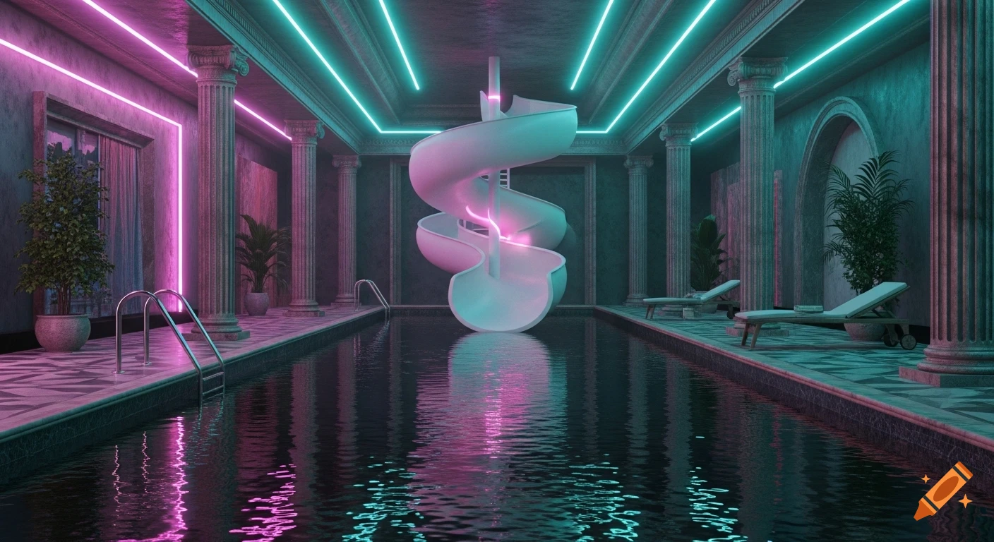 Futuristic indoor pool with a white water slide, vibrant pink and teal neon lights, elegant columns, and green plants.