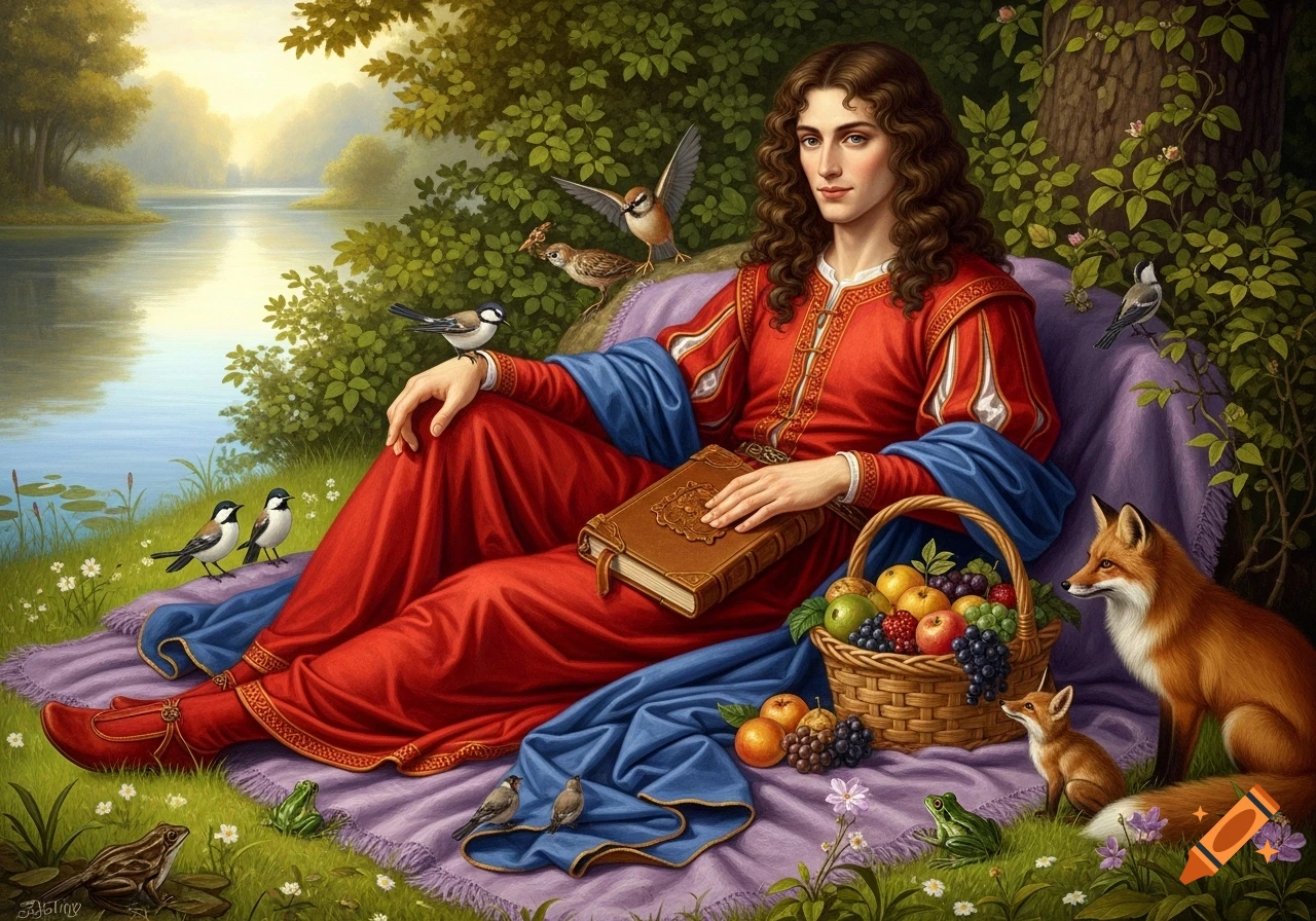 A man with long curly brown hair in red and blue renaissance clothing sits on a purple blanket by a lake, surrounded by birds, foxes, and frogs, holding a book and a basket of fruit. Stylized as an old renaissance painting.