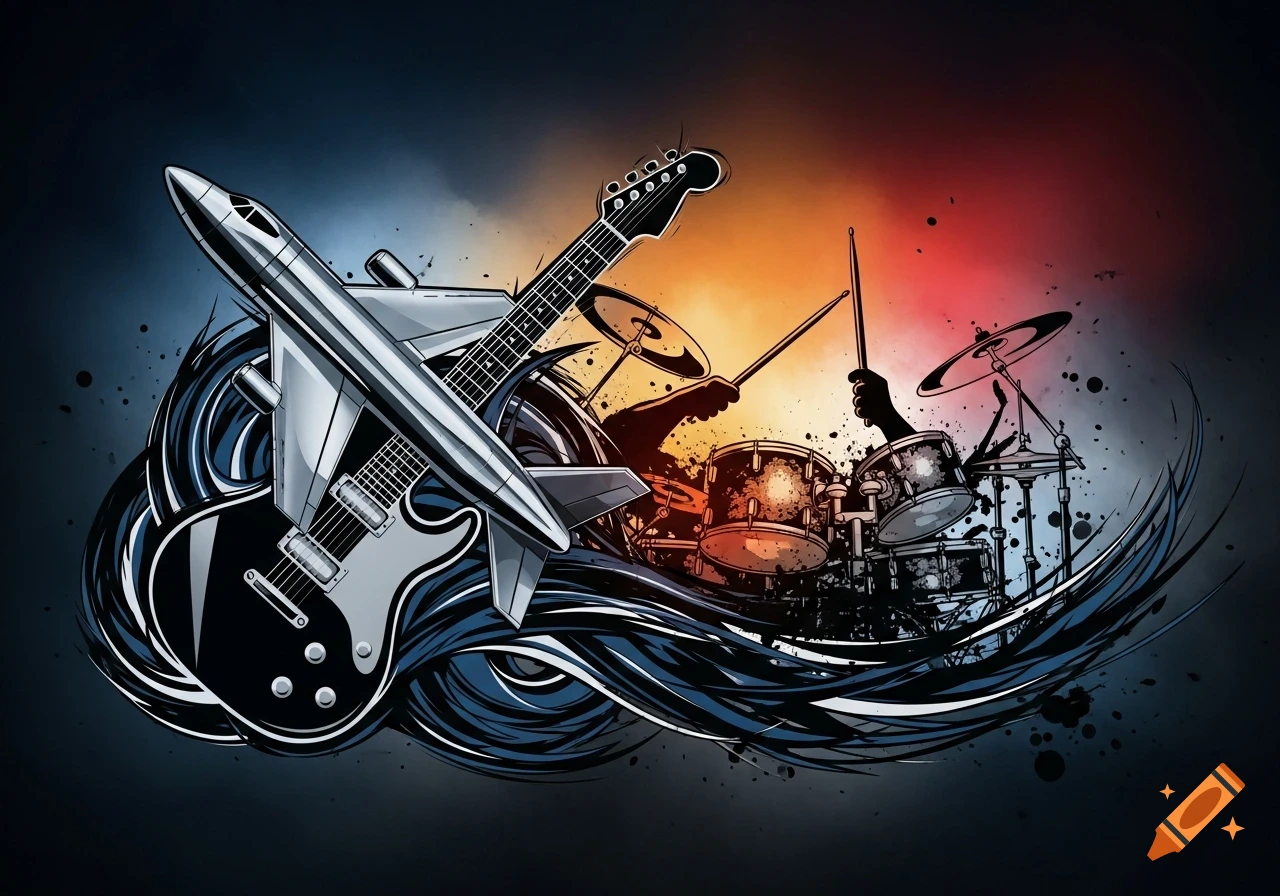 Abstract illustration of an electric guitar, drum set, and jet airplane amidst swirling lines on a gradient background.