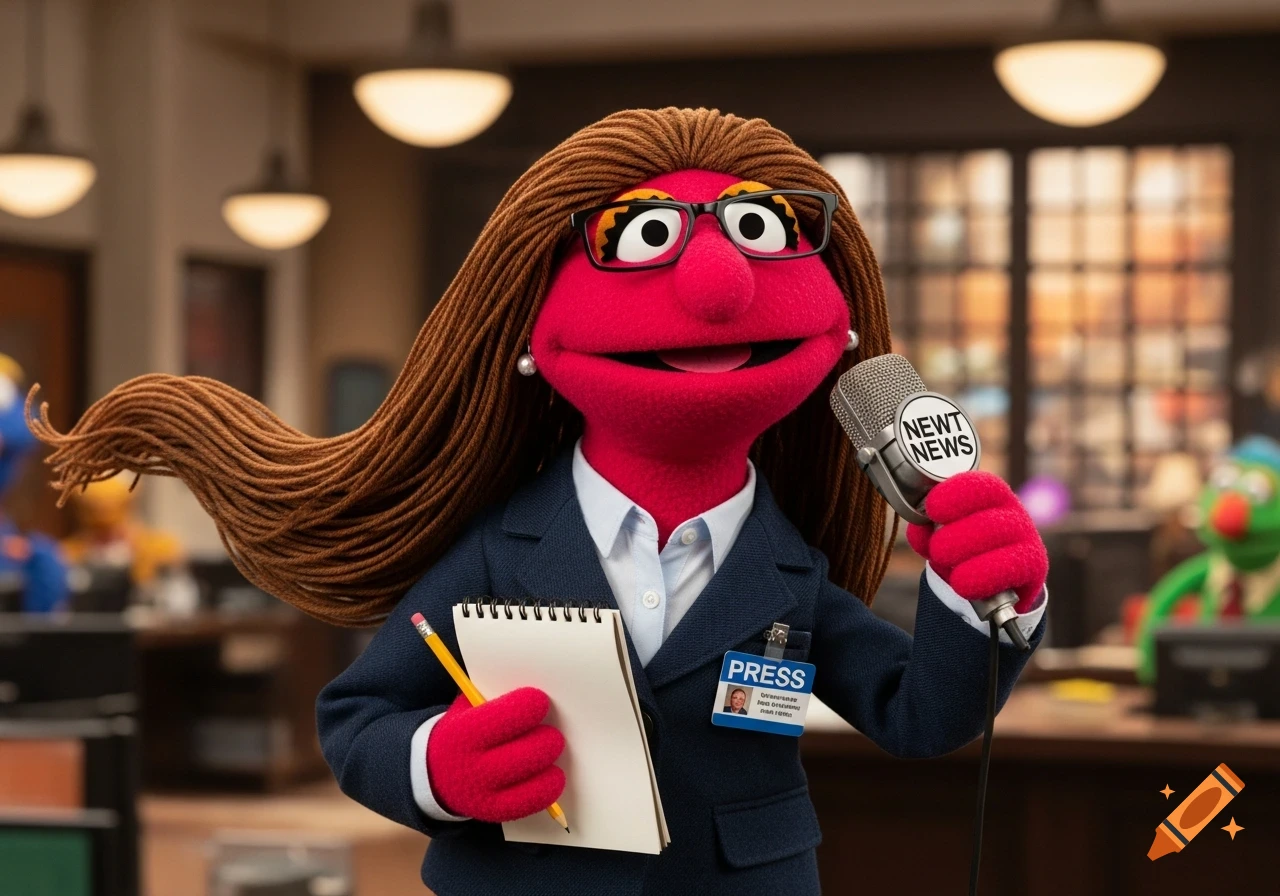 A red Muppet character with long brown yarn hair, wearing glasses and a navy blazer, holds a microphone that says "NEWT NEWS" and a notepad with a pencil. She has a "PRESS" badge on her lapel.