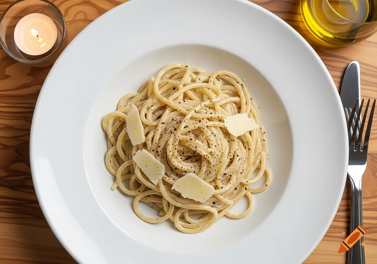 Overhead view of cacio e pepe pasta with cheese and pepper in a white bowl, alongside a lit candle, olive oil, and cutlery on a wooden table.